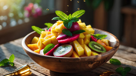 Fresh mango salad with kiwi and dragon fruit, selective focusの素材