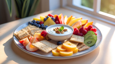 Healthy breakfast with crackers, yogurt and fruits on the tableの素材
