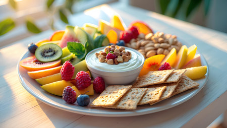 Healthy breakfast with yoghurt, fruits and crackers.の素材