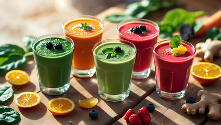 Healthy detox smoothies with fruits and vegetables, selective focus.の素材