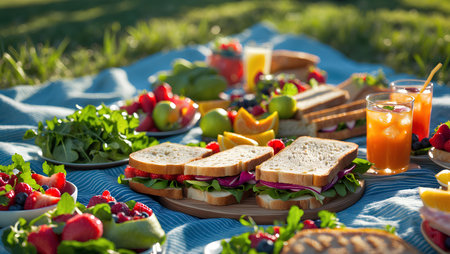 Picnic in the park on a sunny summer day, sandwiches, fruit and juiceの素材