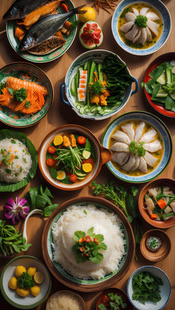 Top view of various Asian dishes on wooden table. Healthy food conceptの素材