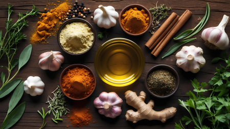 Spices and herbs on wooden background. Food and cuisine ingredients.の素材
