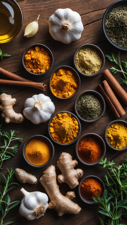 Variety of spices and herbs on wooden background. Top view.の素材