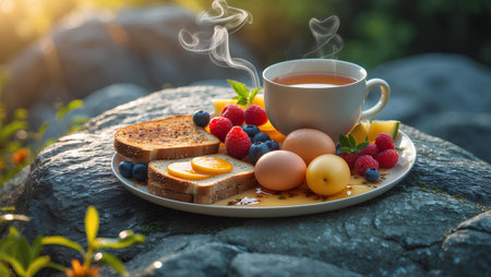 Breakfast with coffee, toast, fruits and honey in the natureの素材