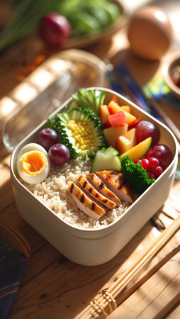 Healthy lunch box with chicken and vegetables on table, closeupの素材