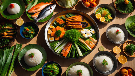 Korean traditional food, top view of grilled salmon with vegetables and riceの素材