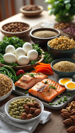Balanced diet food selection including salmon, eggs, beans, lentils, vegetables and fruit.の素材