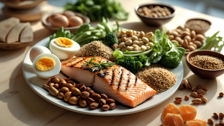 Selection of healthy food including salmon, chickpeas, soybeans, quinoa, nuts, cucumber, spinach, oatmeal and avocadoの素材
