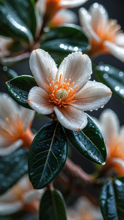 Close up of white flower with water droplets on the leaves.の素材