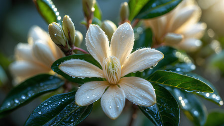 Close up of white rhododendron flower with water dropsの素材