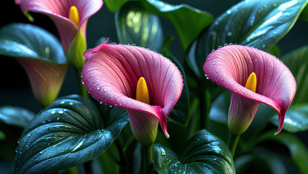 Beautiful pink calla lily flowers with water drops on dark backgroundの素材
