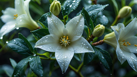 White flower with raindrops on a green background. Shallow depth of field.の素材