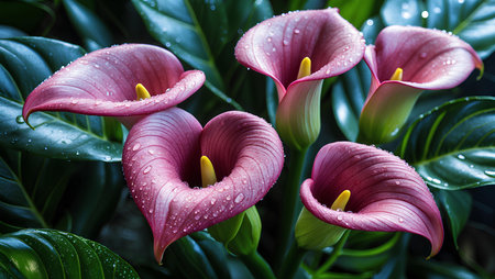 Beautiful purple calla lily flowers with dew drops.の素材