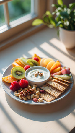 healthy breakfast with yogurt, fruits and crackers on windowsill at homeの素材