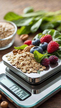 Healthy breakfast with oatmeal, berries and nuts on a kitchen scaleの素材