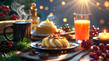 Pudding with caramel and cup of coffee on table.の素材