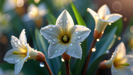 Beautiful white flowers with dew drops in the morning, close upの素材
