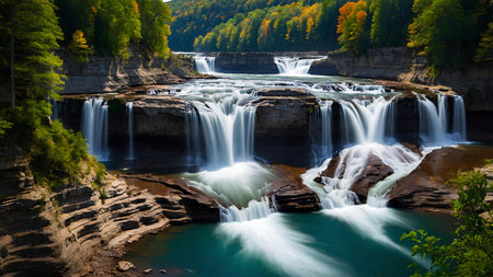 Waterfall on the river in the autumn forest. Beautiful nature landscapeの素材