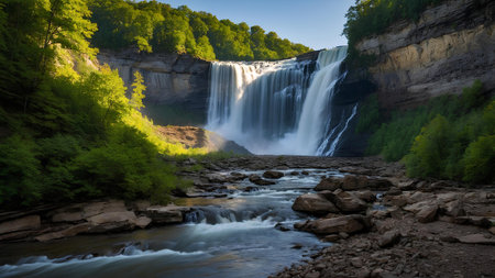 Scenic view of the waterfall in the forest. Beauty in nature.の素材