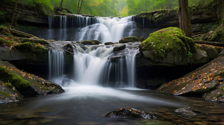 beautiful waterfall in the forest, long exposure, close-upの素材