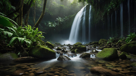 Beautiful waterfall in the rainforest of Borneo, Malaysiaの素材