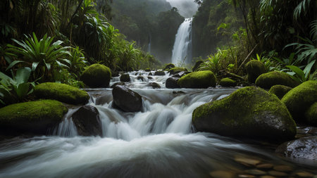 Tropical waterfall in the rainforest with green moss and rocksの素材
