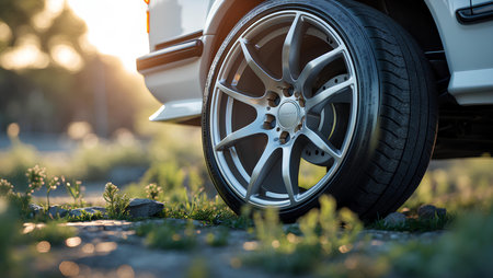Car wheel with alloy wheel on the road at sunset. Close-up.の素材