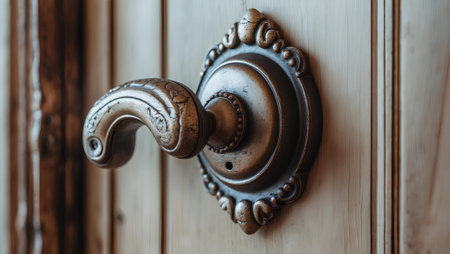 Close-up of a vintage door handle on a wooden door.の素材