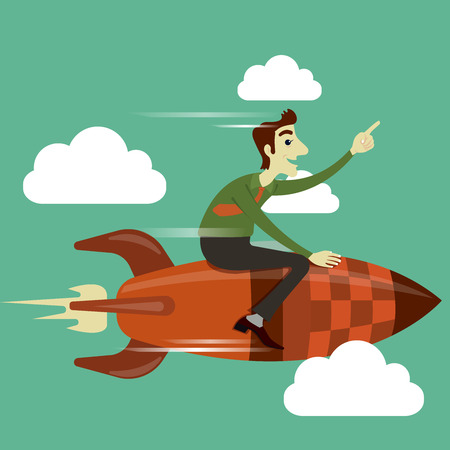 Businessman riding on rocket flying in the sky, business concept in growth and successful.のイラスト素材