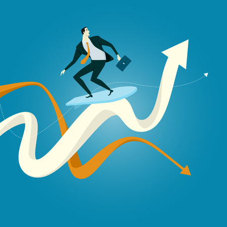 The young man surfing on the wave of chart A surfer executes a radical move on a chart wave. Business Concept of Challenge Illustration.のイラスト素材