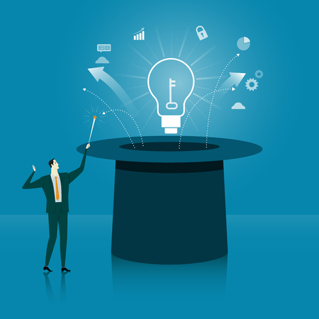 Business Concept of Success. Magician holding a magic wand and the bulb out of magic hat.のイラスト素材