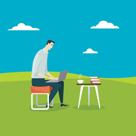 The man relax use his computer in coffee break in the midst of meadow.のイラスト素材