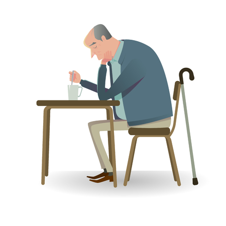 Sad senior man with cane sitting on a chair. Vector Illustration character of unhappy or sadly.のイラスト素材