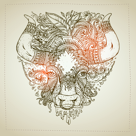 Hand drawn Ornamental Tattoo Bull Head. Highly Detailed Abstract Isolated.のイラスト素材