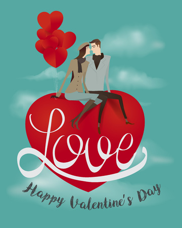 Couple sitting on a red heart. Valentine's day illustration. heart symbol assembled from many small red heartsのイラスト素材