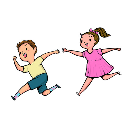 The boy and girl running together with happiness, Vector illustration hand drawn style isolate background.のイラスト素材