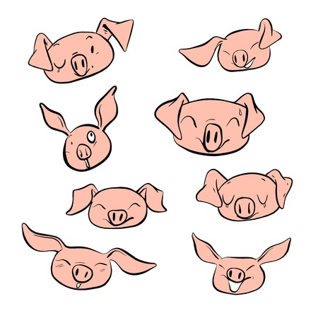 Vector illustration set design different emotion face of pig.Hand draw doodle style.のイラスト素材