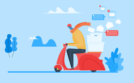 The man rides on scooter with parcel. Vector modern flat cartoon character illustration design.のイラスト素材
