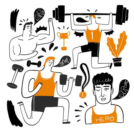 The set of characters exercises in the gym of athletes. Collection of hand drawn. Vector illustration in sketch doodle style.のイラスト素材