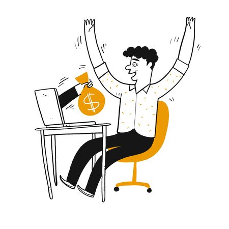 Young man be happy looking the poking hand from laptop along with money bag, Vector Illustration hand draw doodle style.のイラスト素材