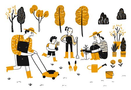 Activity of people in the gardening. Vector Illustration hand draw line art doodle style.のイラスト素材