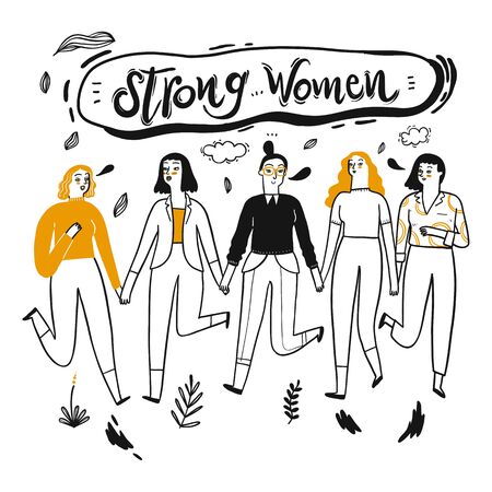 The besties join hands happily The letters on the label Strong Women and flower element on white background, Hand drawing Vector Illustration doodle line art style.のイラスト素材