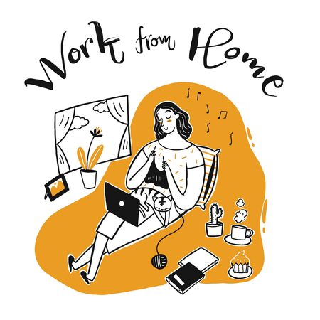 Young woman who work and hobbies together, Work from home concept, Hand drawn, Vector Illustration doodle style.のイラスト素材