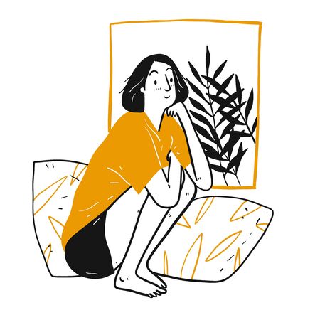 The girl dreamy beside the window in the house. Hand drawn, Vector Illustration doodle style.のイラスト素材