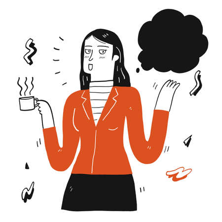 Pretty woman holding cup of coffee and talking, Hand drawing Vector Illustration doodle style.のイラスト素材