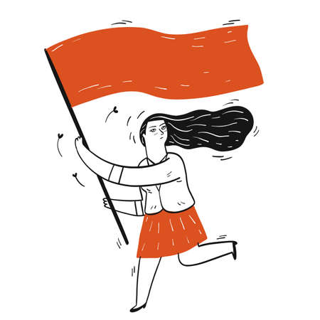 Collection of hand drawn a girl running while holding flag.Vector illustrations in sketch doodle style.のイラスト素材