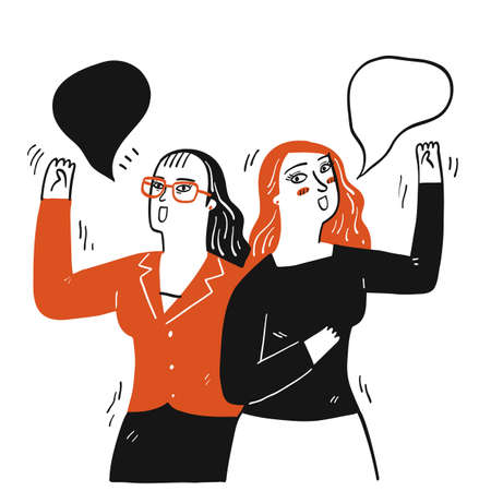 Collection of hand drawn two girls say hi to each other.Vector illustrations in sketch doodle style.のイラスト素材