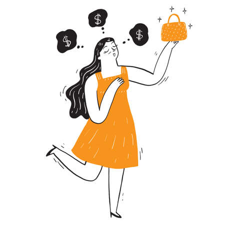 A woman thinking of money and holding a shopping bagのイラスト素材