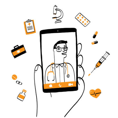 Patient consultation to the doctor via smartphone.のイラスト素材